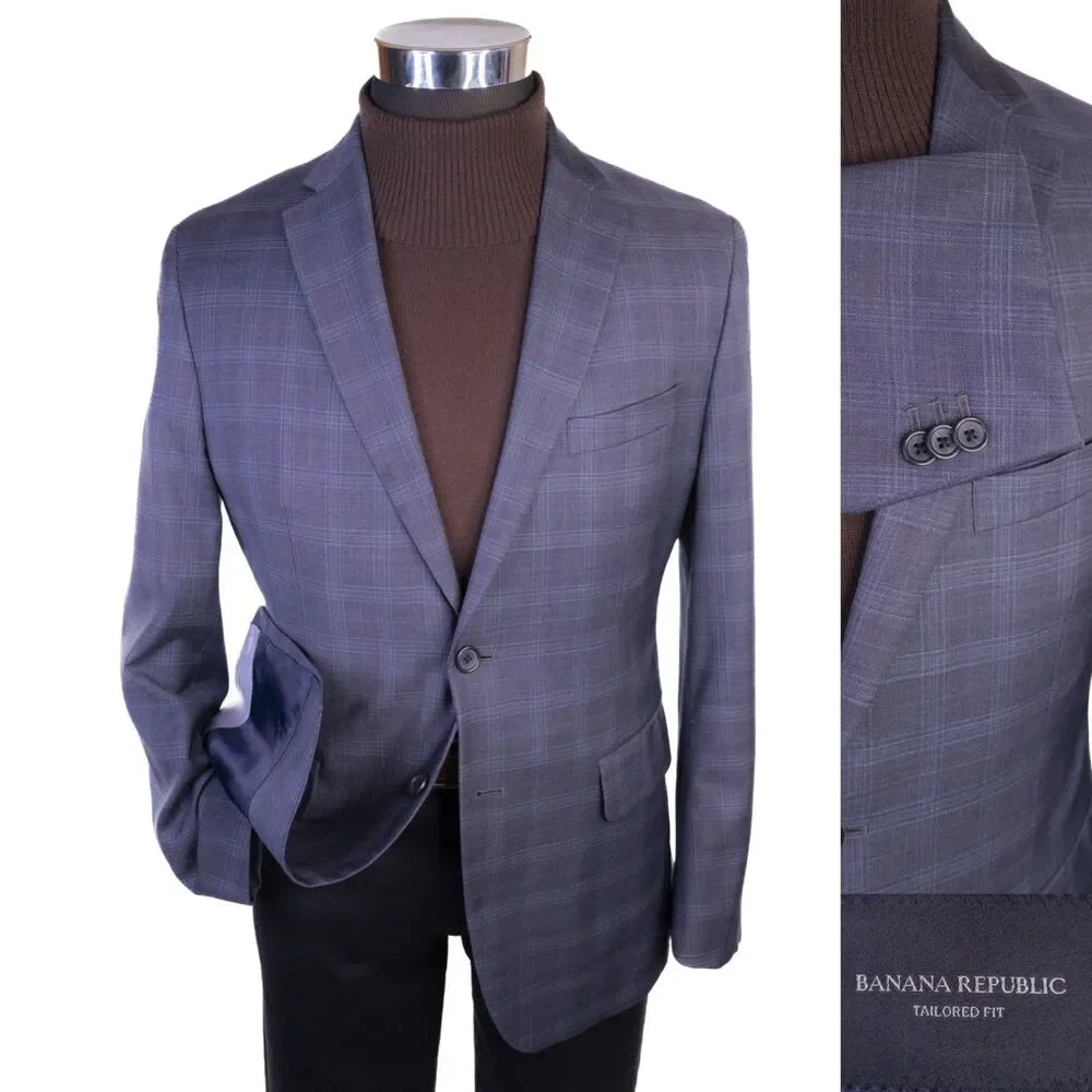 BANANA REPUBLIC Blazer Sport Coat 2 Button Casual Jacket Sz 38S 100% Wool Plaid